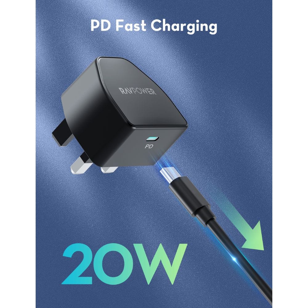 RAVPOWER 20W PD Pioneer USB-C Wall Charger With Type-C to Type-C Charging Cable - PC1032