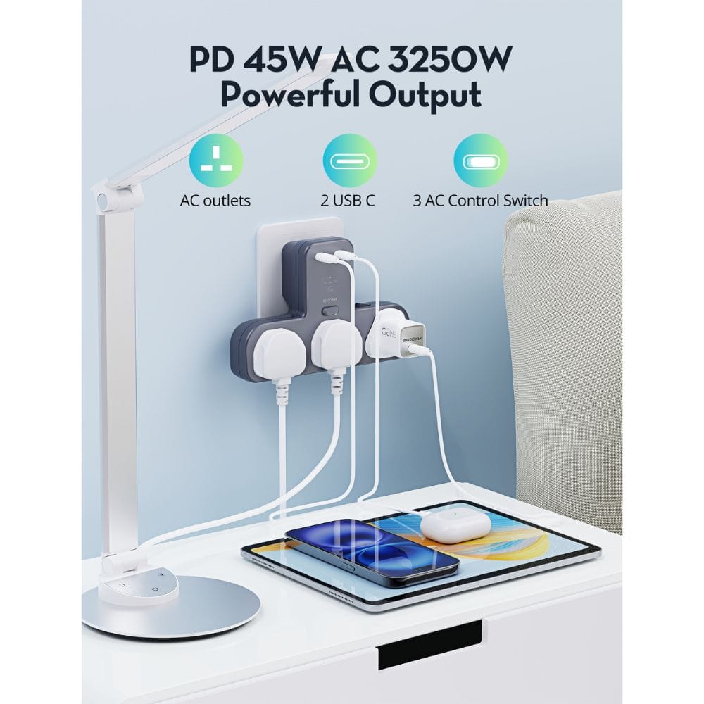 RAVPOWER PD 45W Power Outlet Extender with 3 AC Outlets & 2 USB-C Ports - PC1069