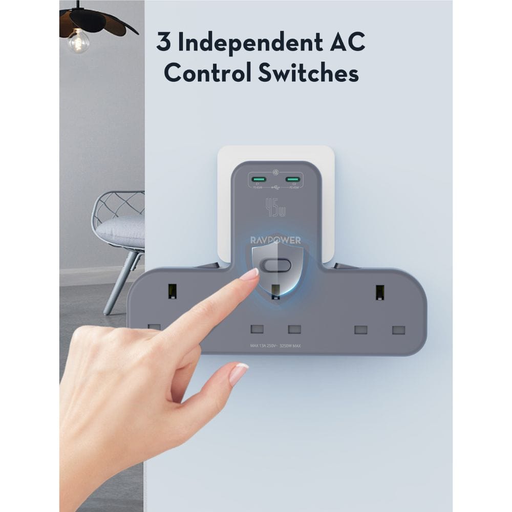 RAVPOWER PD 45W Power Outlet Extender with 3 AC Outlets & 2 USB-C Ports - PC1069