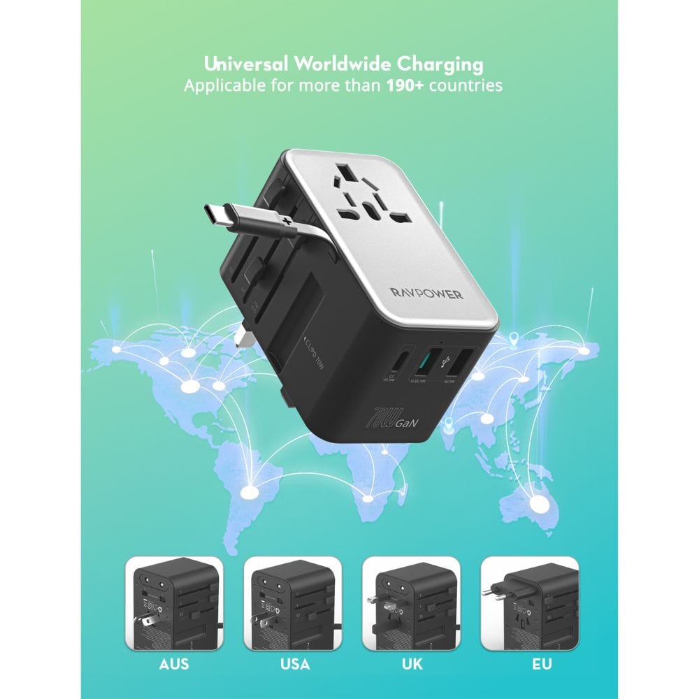 RAVPower 70W 4-Port Travel Universal Power Adapter with Built in USB-C Cable - PC1061