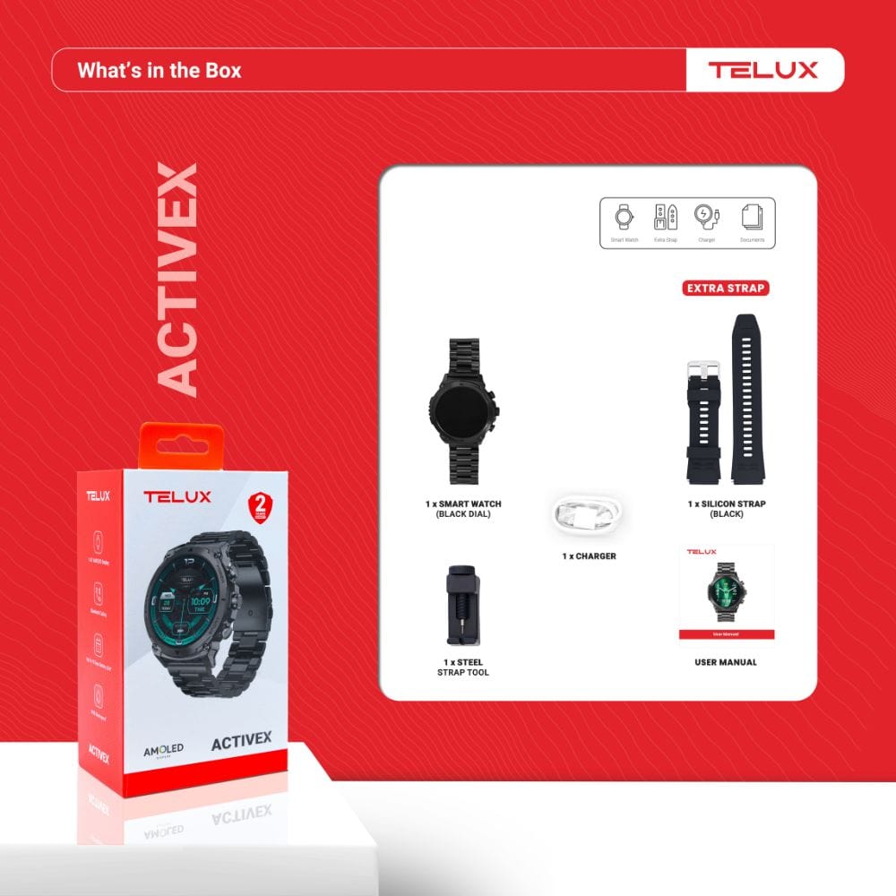 TELUX ACTIVEX Smart Calling Watch with 1.43” AMOLED Display & 2 Straps (Stainless Steel & Silicon) - T53