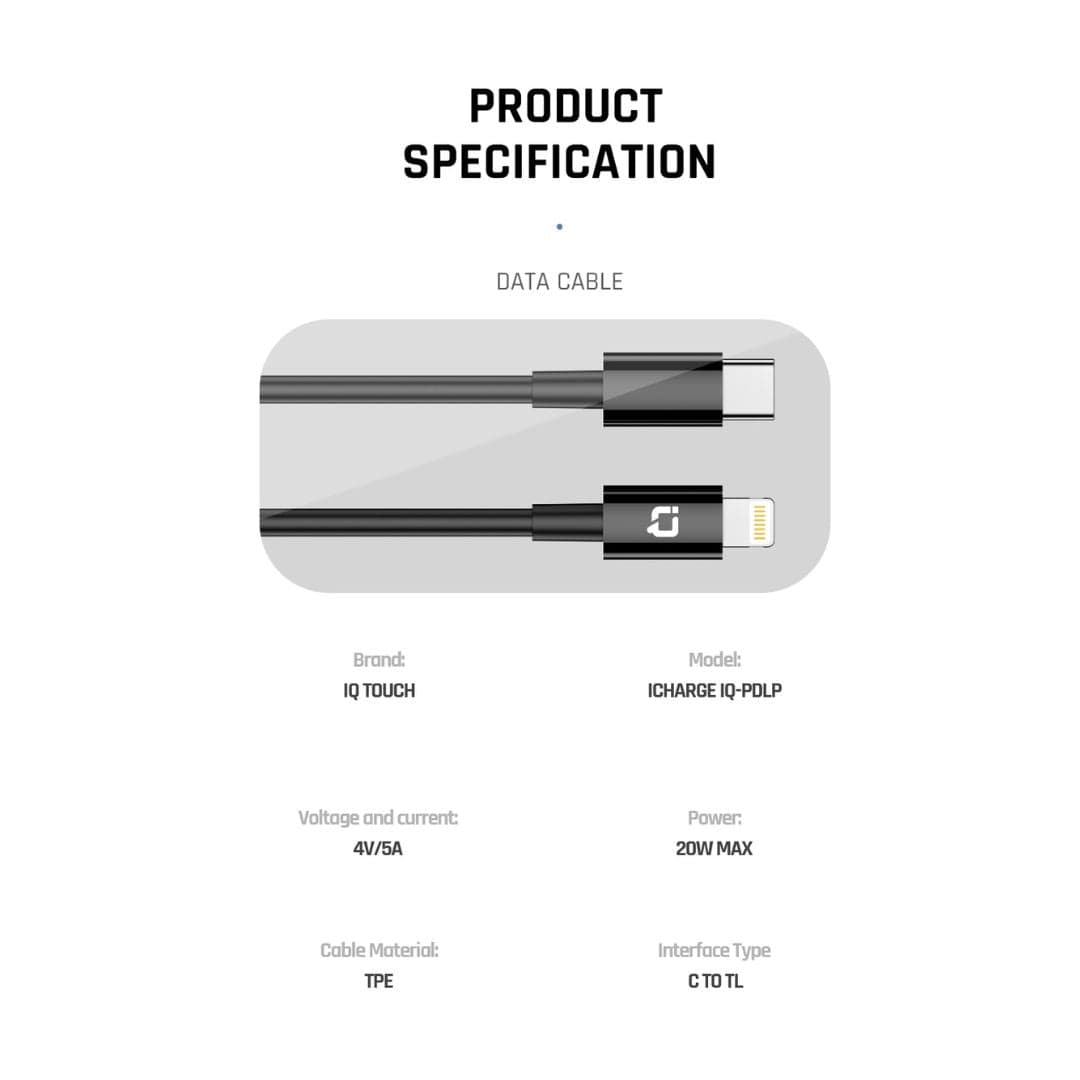 IQ TOUCH PD 20W 1-Meter USB-C to Lightening Charging Cable - ICHARGE-IQ-PDLP
