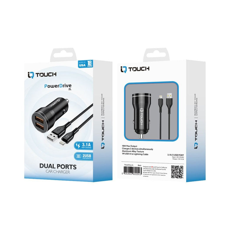IQ Touch 18W Dual Car Charger with 1M Charging Cable - POWERDRIVE-2L