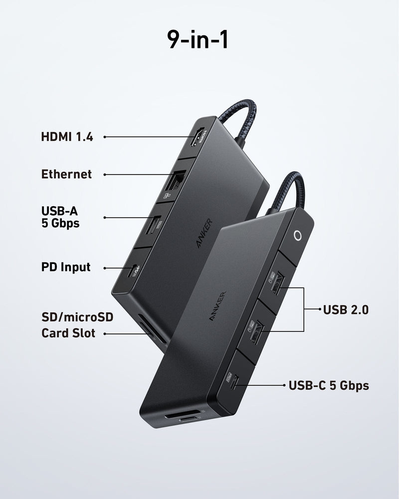 موزع Anker 552 USB-C (9 في 1، 4K HDMI) مع توصيل طاقة 100 واط - A8373