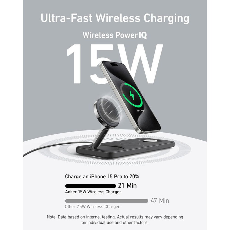 Anker 15W MagGo Wireless Charging Station (3-in-1 Pad) for Apple Devices - B25M1