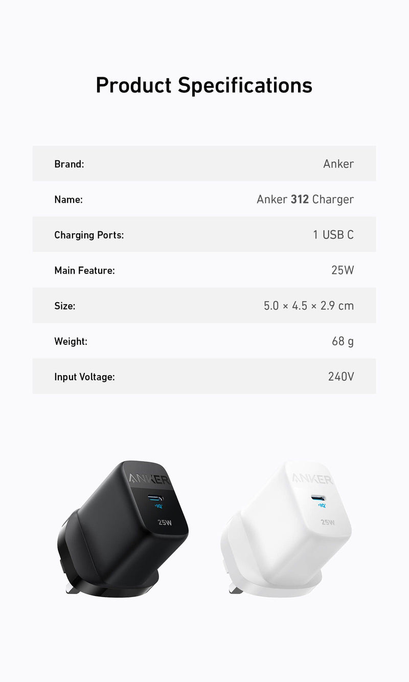 Anker 312 25W Wall Charger with a USB-C Power Delivery Port - A2642