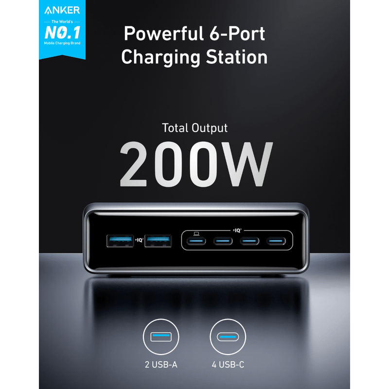 Anker Prime Supercharged Multi-Port Desktop Charging Station (200W, 6 Ports, GaN) - A2683