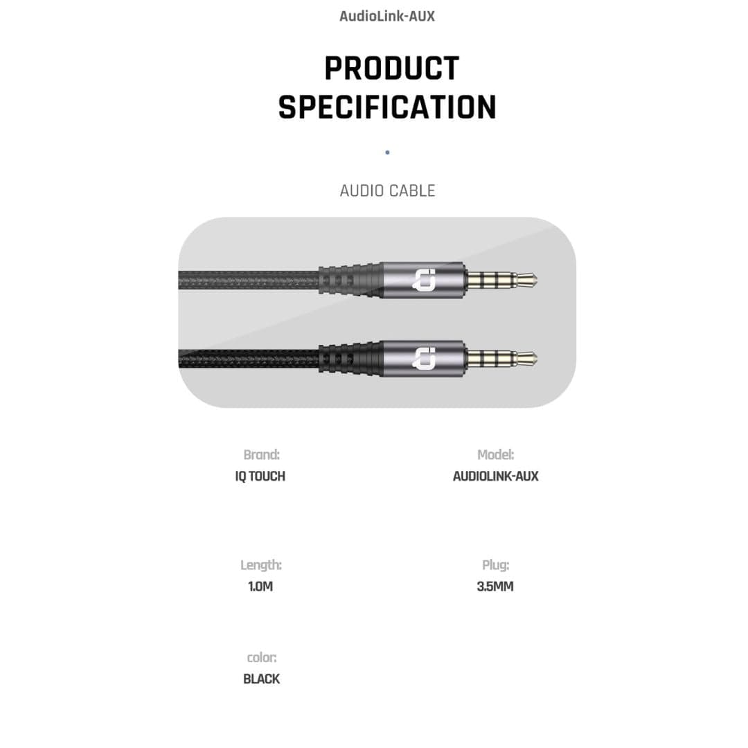 IQ TOUCH 3.5mm Nylon braided 1 Meter Aux Cable - AUDIOLINK-AUX