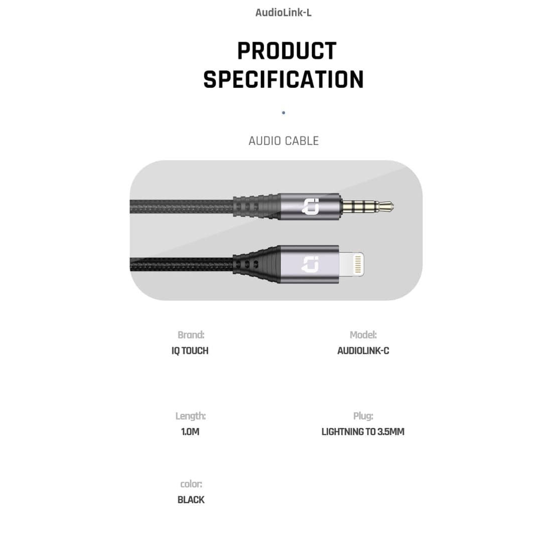 IQ TOUCH Lightening to 3.5mm Nylon braided 1 Meter Audio Cable - AUDIOLINK-L
