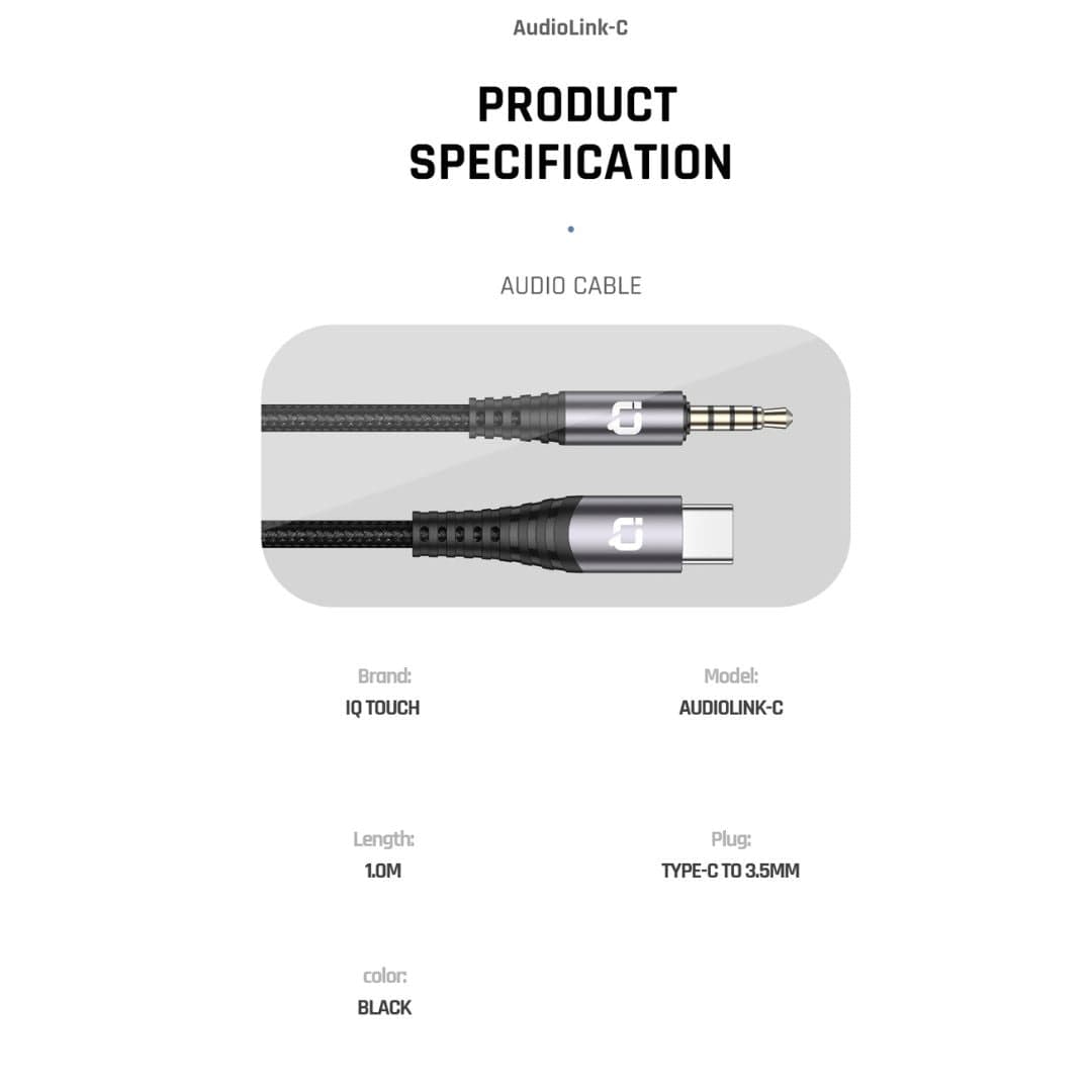 IQ TOUCH USB-C to 3.5mm Nylon braided 1 Meter Audio Cable - AUDIOLINK-C
