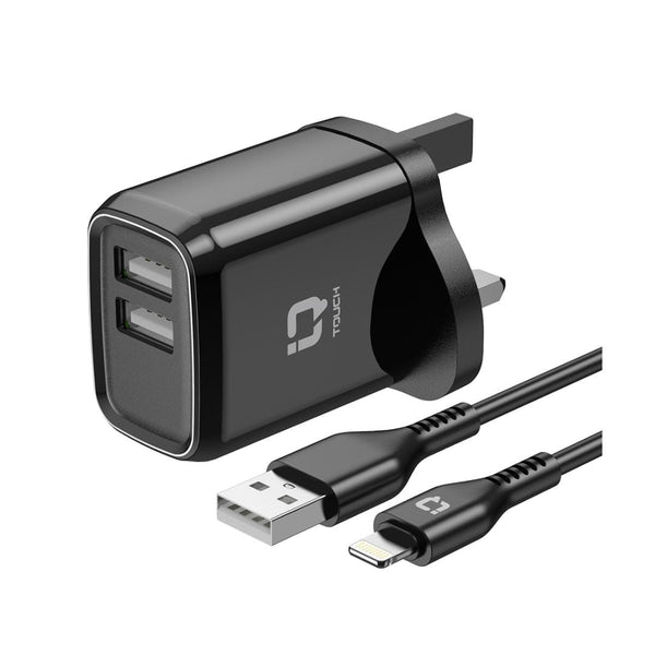 IQ TOUCH 12W Dual Port Wall Charger With 1M USB-A to Lightning Cable - ICHARGE-2P-L