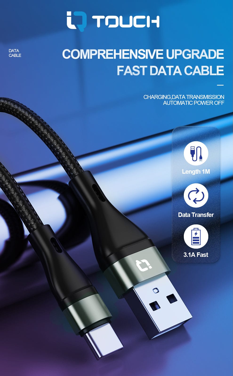 IQ TOUCH 1M Nylon Braided USB-A to USB-C Charging Cable - ICHARGE-IQ-C1