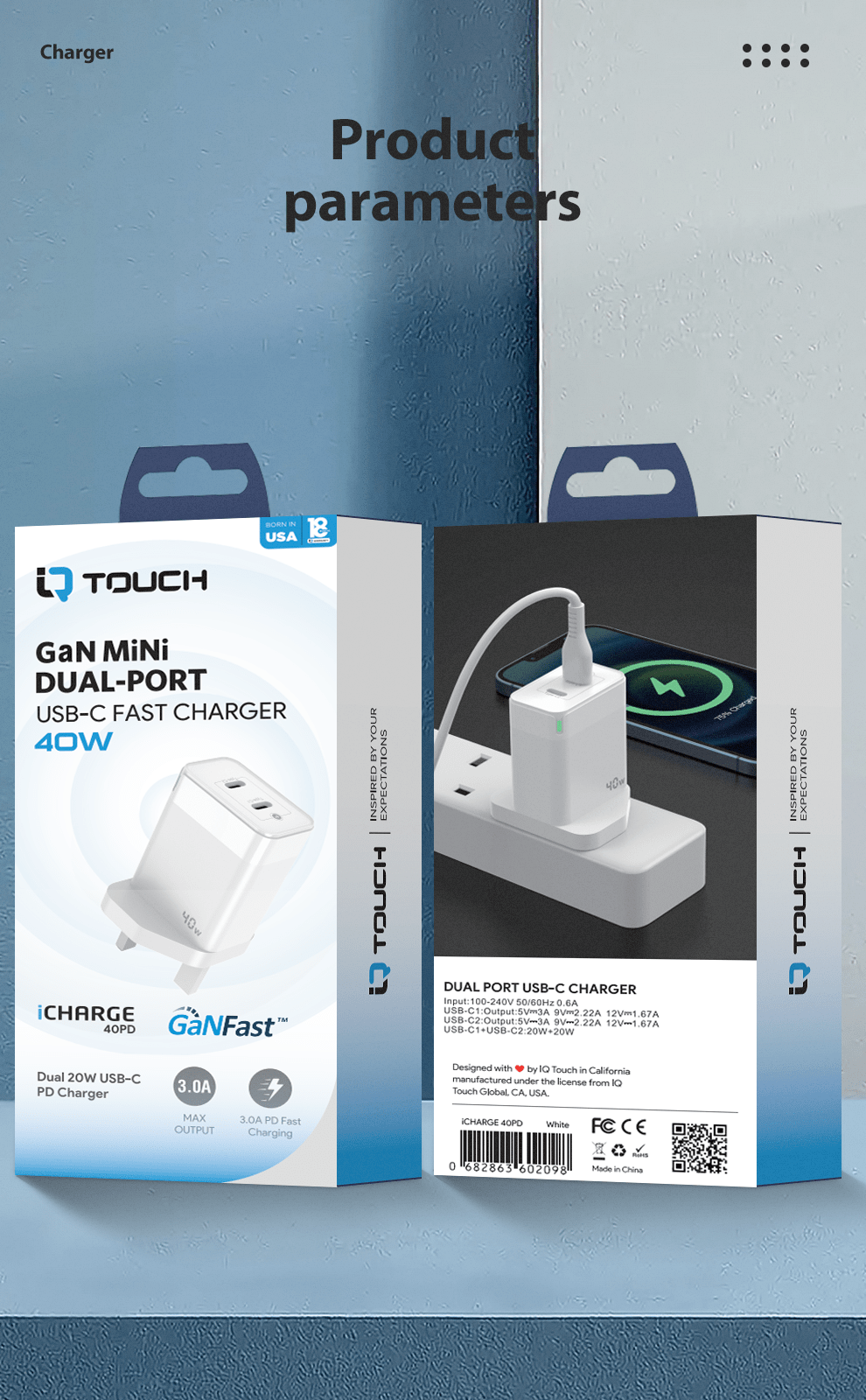 IQ TOUCH PD 40W Dual USB-C Wall Charger Powered by GaN Tech - ICHARGE-40PD