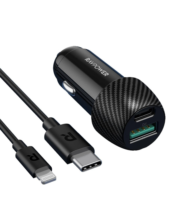 RAVPOWER 2 Port 49W Fast Car Charger with 1M Lightning Cable - VC031