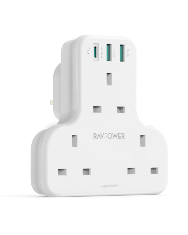 RAVPOWER 20W Wall Charger With 3 AC Plugs & 3 USB Ports - PC1036