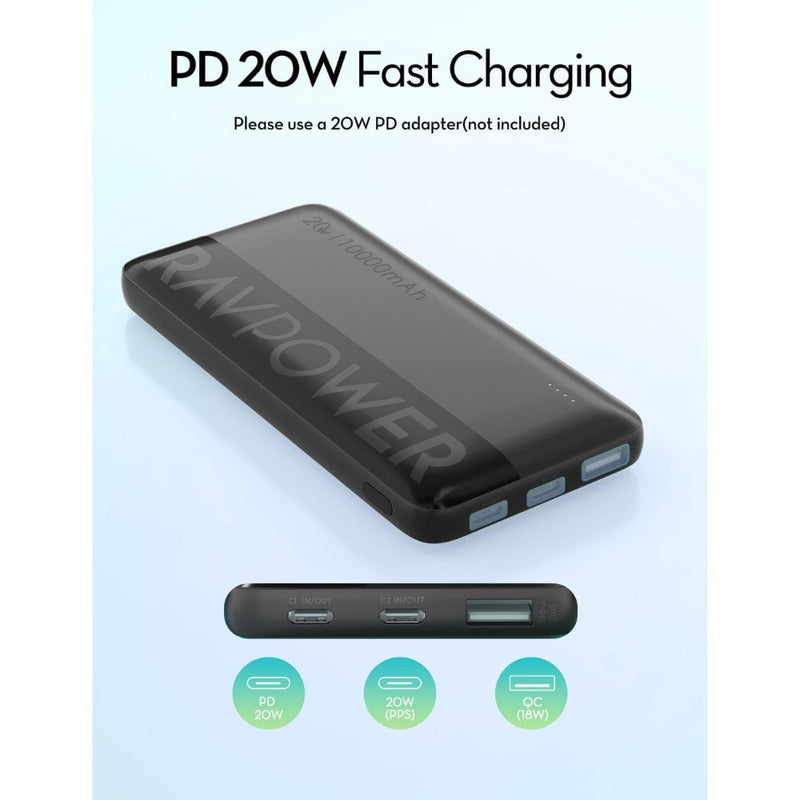 RAVPOWER PD 20W 3 Ports Power Bank (10000mAh) - PB1228