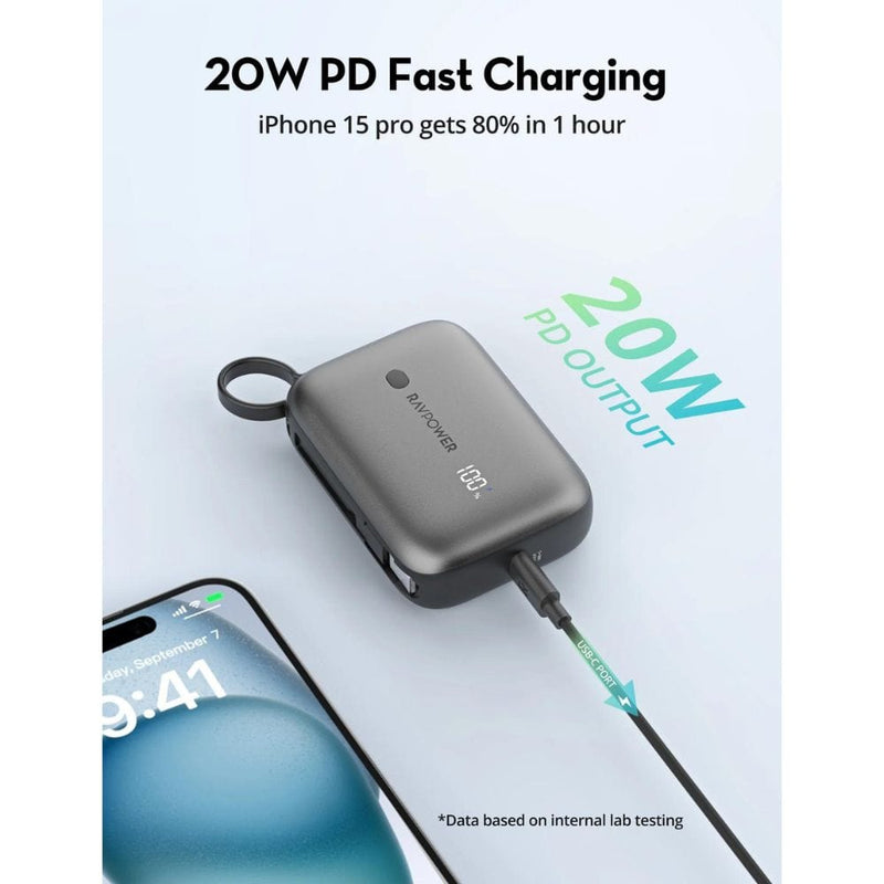 RAVPOWER PD 20W Power Bank with Built in USB-C Cable (10000mAh) - PB1224