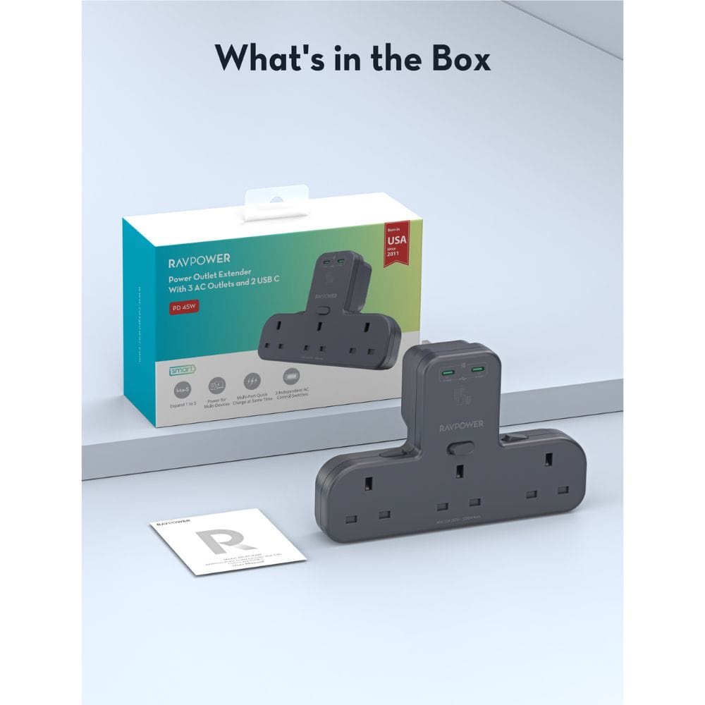 RAVPOWER PD 45W Power Outlet Extender with 3 AC Outlets & 2 USB-C Ports - PC1069