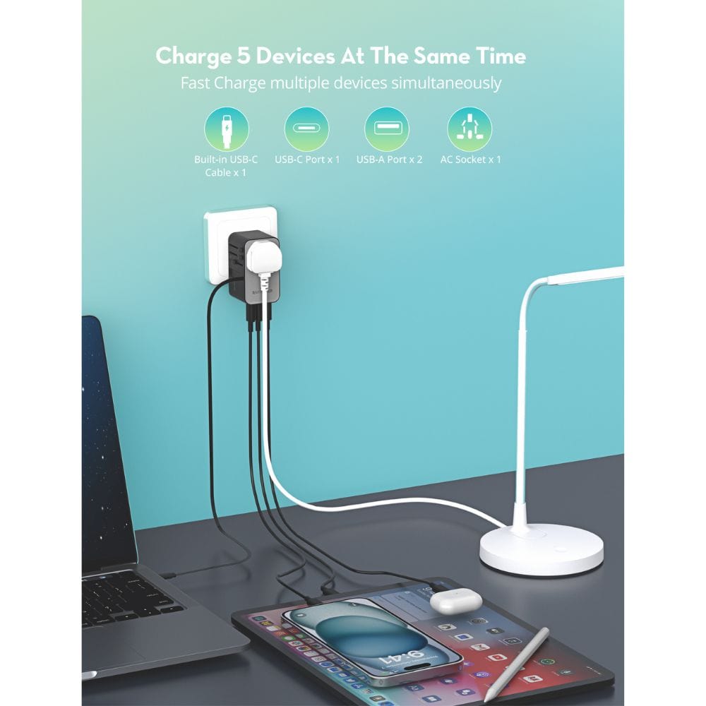 RAVPower 70W 4-Port Travel Universal Power Adapter with Built in USB-C Cable - PC1061