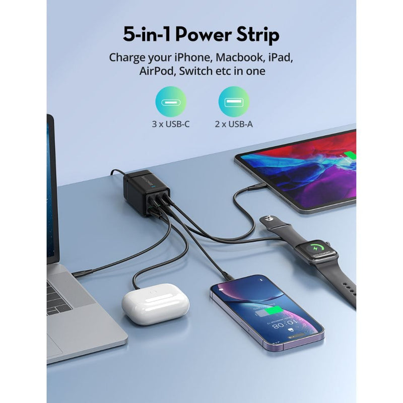 RAVPower 75W 5-Port GaN Tech USB-C Desktop Charger - PC1045