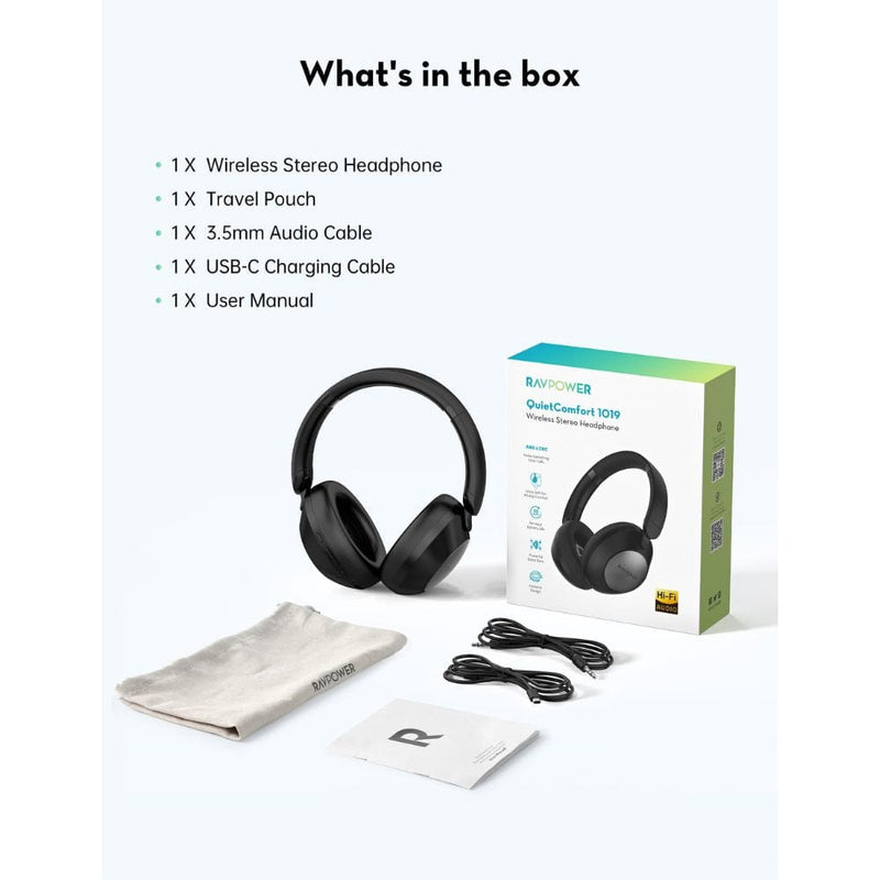 RAVPower Quiet Comfort Over-Ear Wireless Stereo Headphones (55H Playtime, ANC & ENC) - BH1019