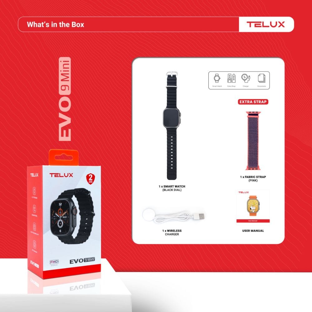 TELUX EVO 9 Mini Smart Calling Watch with 1.72” FHD Display & Extra Strap - F1685