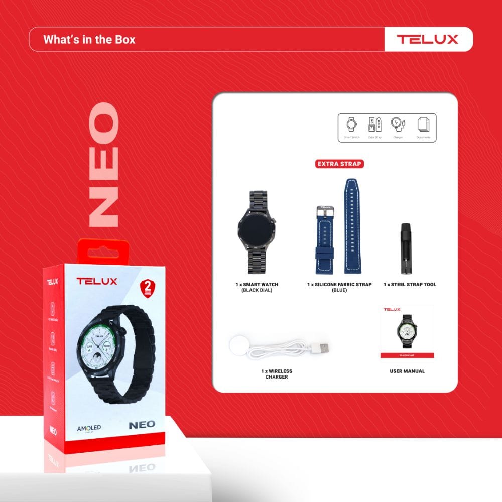 TELUX NEO Smart Calling Watch with 1.43” AMOLED Display & 2 Straps (Stainless Steel & Silicon) - AM24