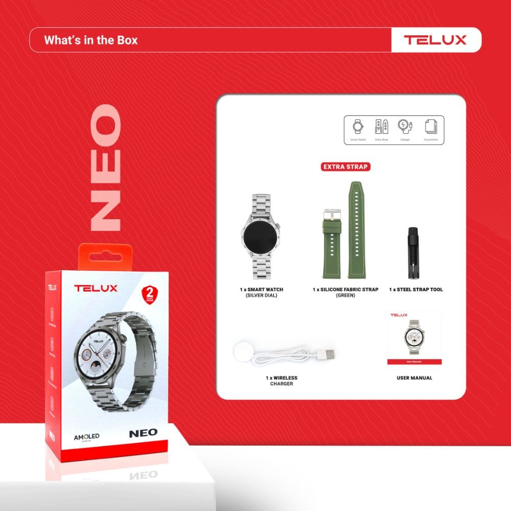 TELUX NEO Smart Calling Watch with 1.43” AMOLED Display & 2 Straps (Stainless Steel & Silicon) - AM24