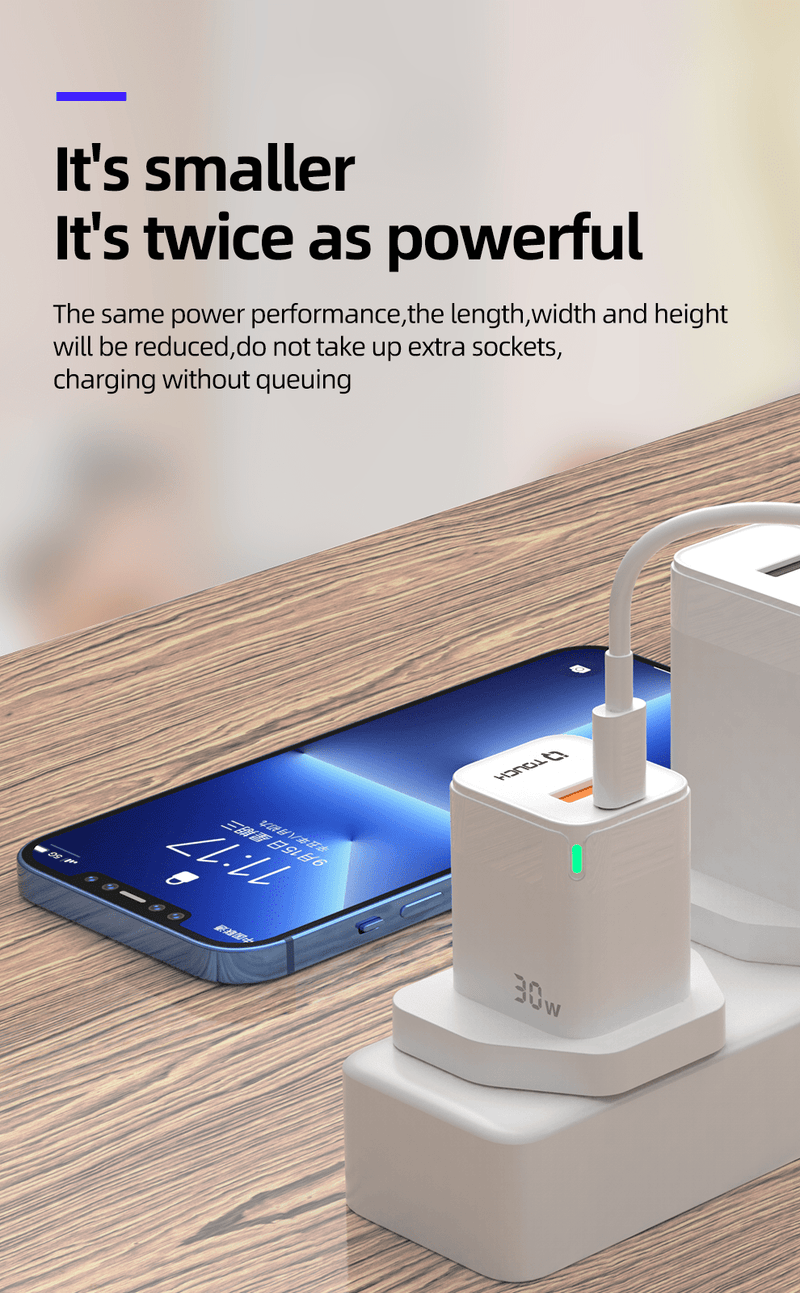 IQ TOUCH 30W Dual Port USB-C & A Wall Charger With GaN Tech - ICHARGE-30PD-QC