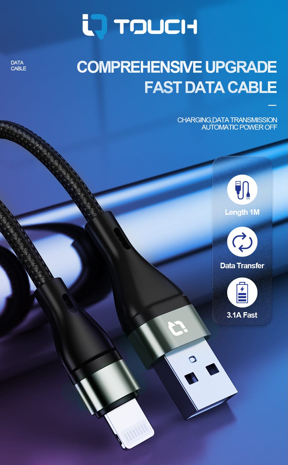 IQ TOUCH 1M Nylon Braided USB-A to Lightening Charging Cable - ICHARGE-IQ-L1