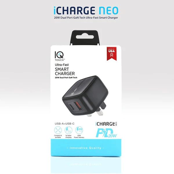 IQ Touch iCharge NEO PD 20W Dual Port GaN Tech Smart Wall Charger
